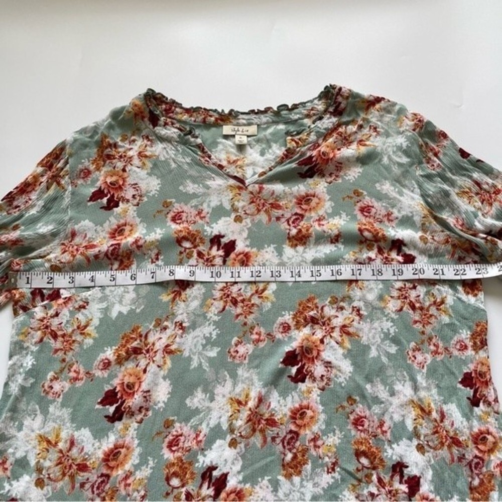 Style & Co - V-neck Ruffle Top Green & Rust Floral Print, XL - Picture 8 of 11